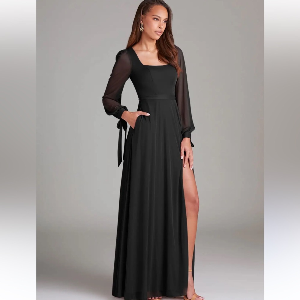 Azazie black chiffon Leonia square neck bishop sleeve maxi dress size A2